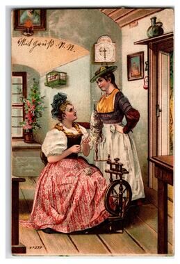1903 Freiwaldau Postcard: Women Spinning Wool, Traditional Attire, Austrian